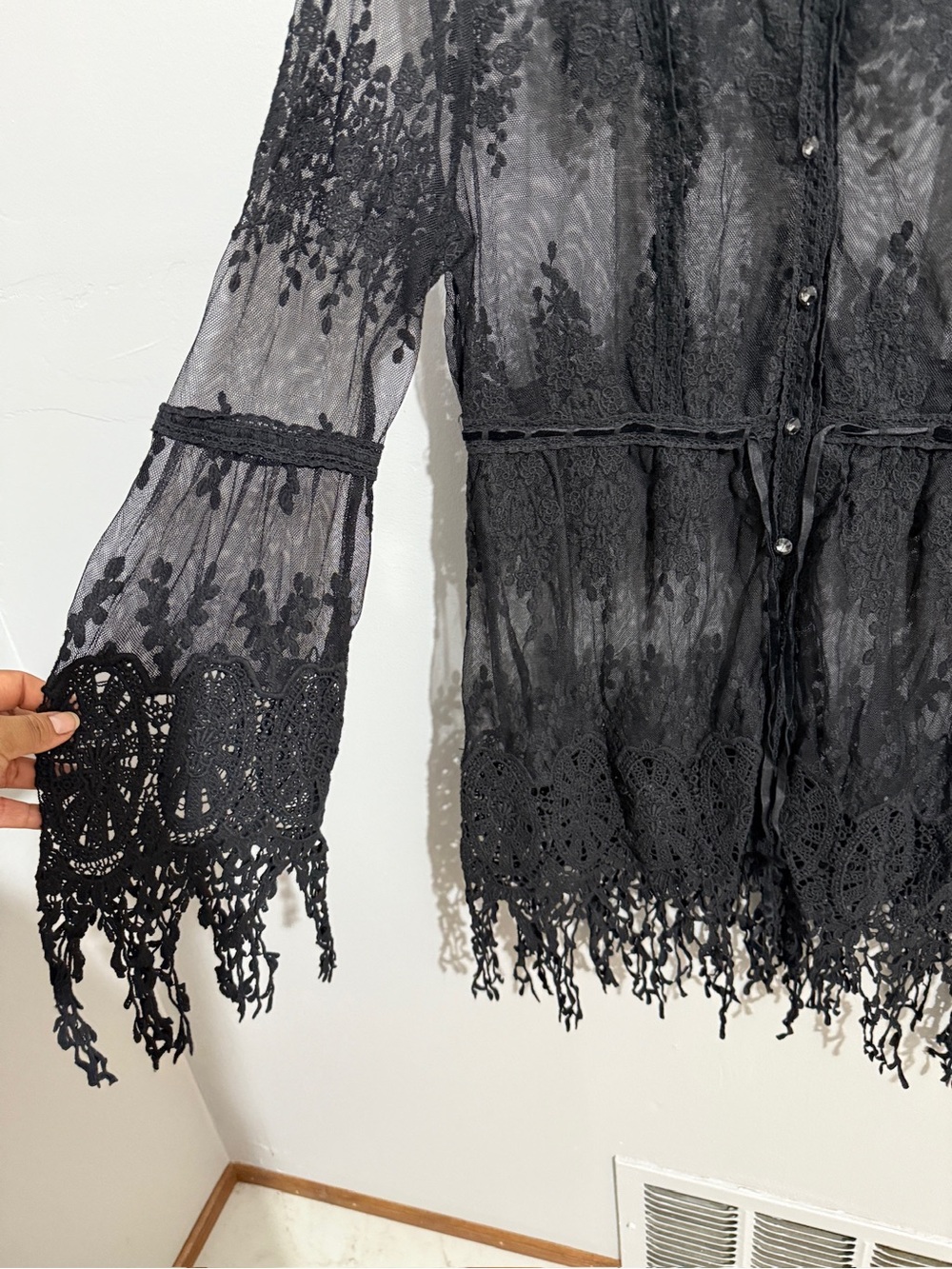 Boston Proper Black Lace Fringe Tunic Top Medium Sheer Boho Button Front - Picture 7 of 12